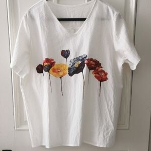 Womens oil painting floral linen/poly blend. Artsy, boho, cottagecore. Size XXL